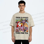 Unisex Tea Time Santa Claus And Dog Printed Washed Tee