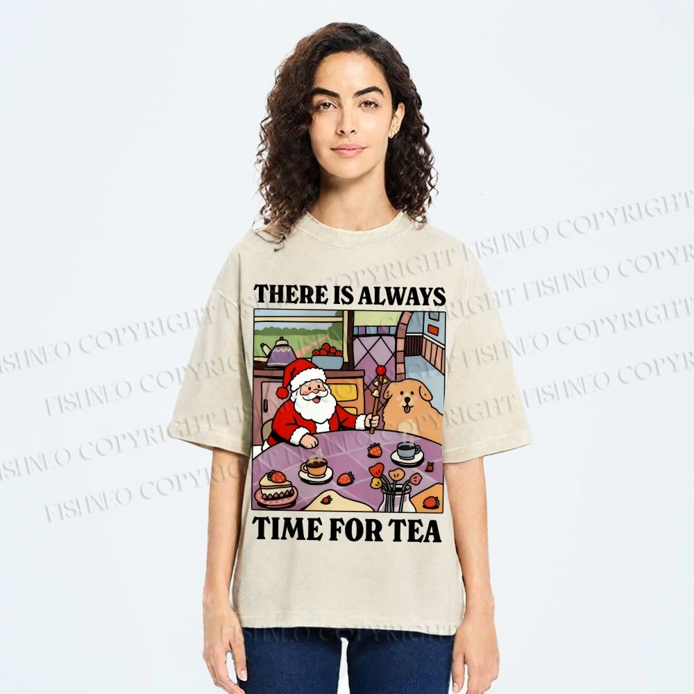 Unisex Tea Time Santa Claus And Dog Printed Washed Tee