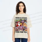 Unisex Tea Time Santa Claus And Dog Printed Washed Tee