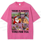 Unisex Tea Time Santa Claus And Dog Printed Washed Tee