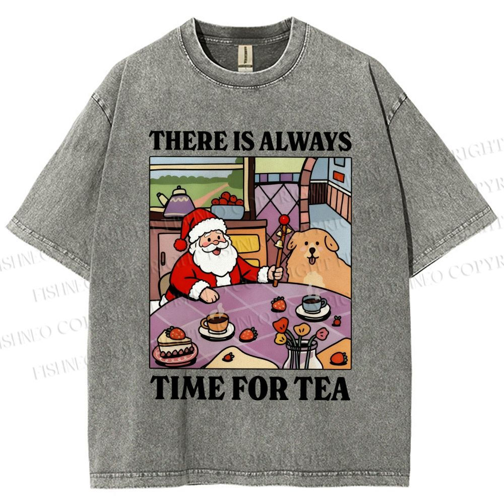 Unisex Tea Time Santa Claus And Dog Printed Washed Tee