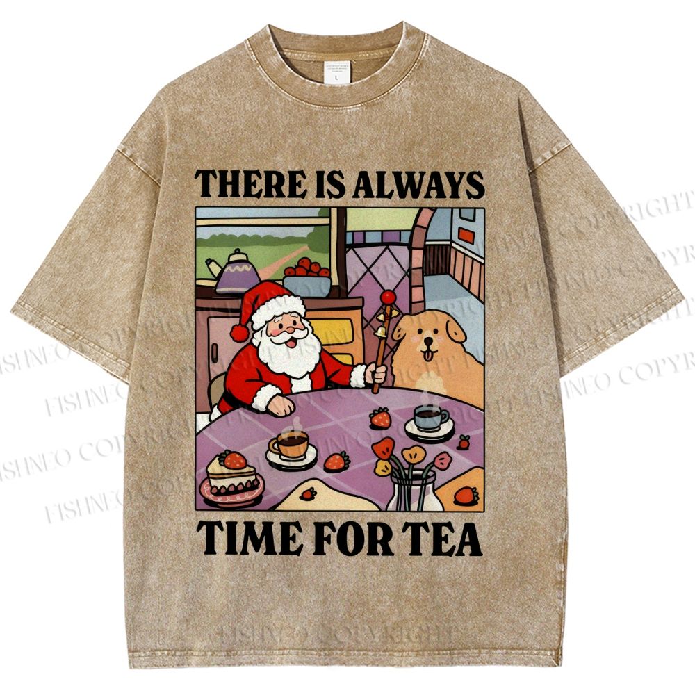 Unisex Tea Time Santa Claus And Dog Printed Washed Tee