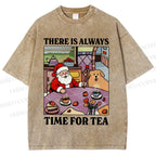 Unisex Tea Time Santa Claus And Dog Printed Washed Tee