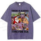 Unisex Tea Time Santa Claus And Dog Printed Washed Tee