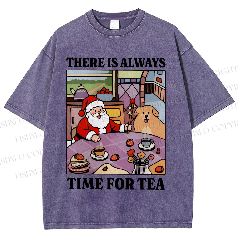 Unisex Tea Time Santa Claus And Dog Printed Washed Tee