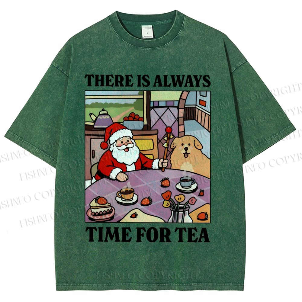 Unisex Tea Time Santa Claus And Dog Printed Washed Tee
