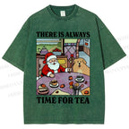 Unisex Tea Time Santa Claus And Dog Printed Washed Tee