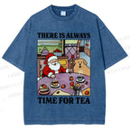 Unisex Tea Time Santa Claus And Dog Printed Washed Tee