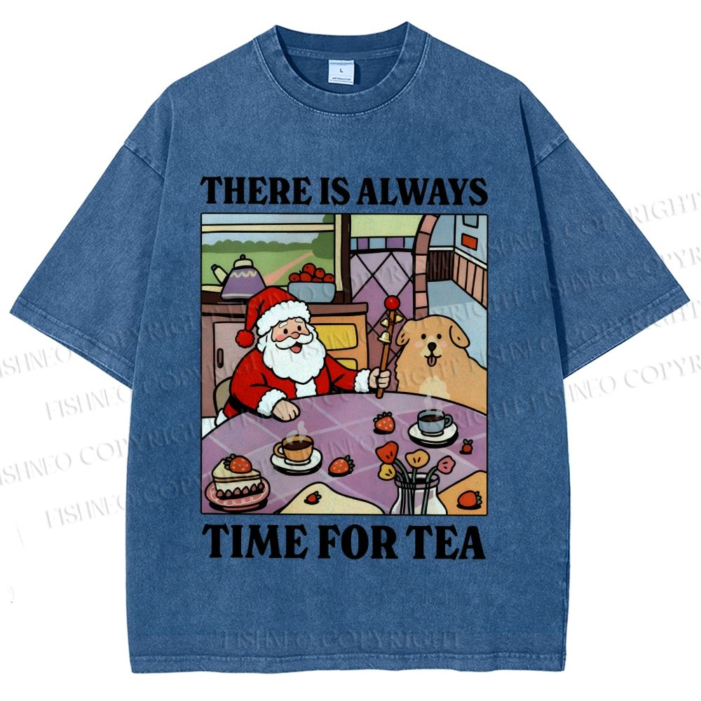 Unisex Tea Time Santa Claus And Dog Printed Washed Tee
