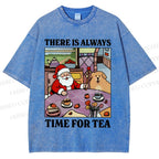 Unisex Tea Time Santa Claus And Dog Printed Washed Tee