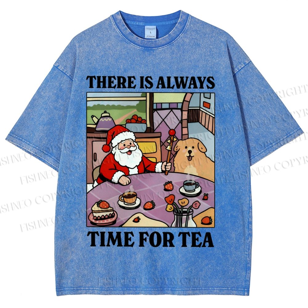 Unisex Tea Time Santa Claus And Dog Printed Washed Tee