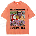 Unisex Tea Time Santa Claus And Dog Printed Washed Tee