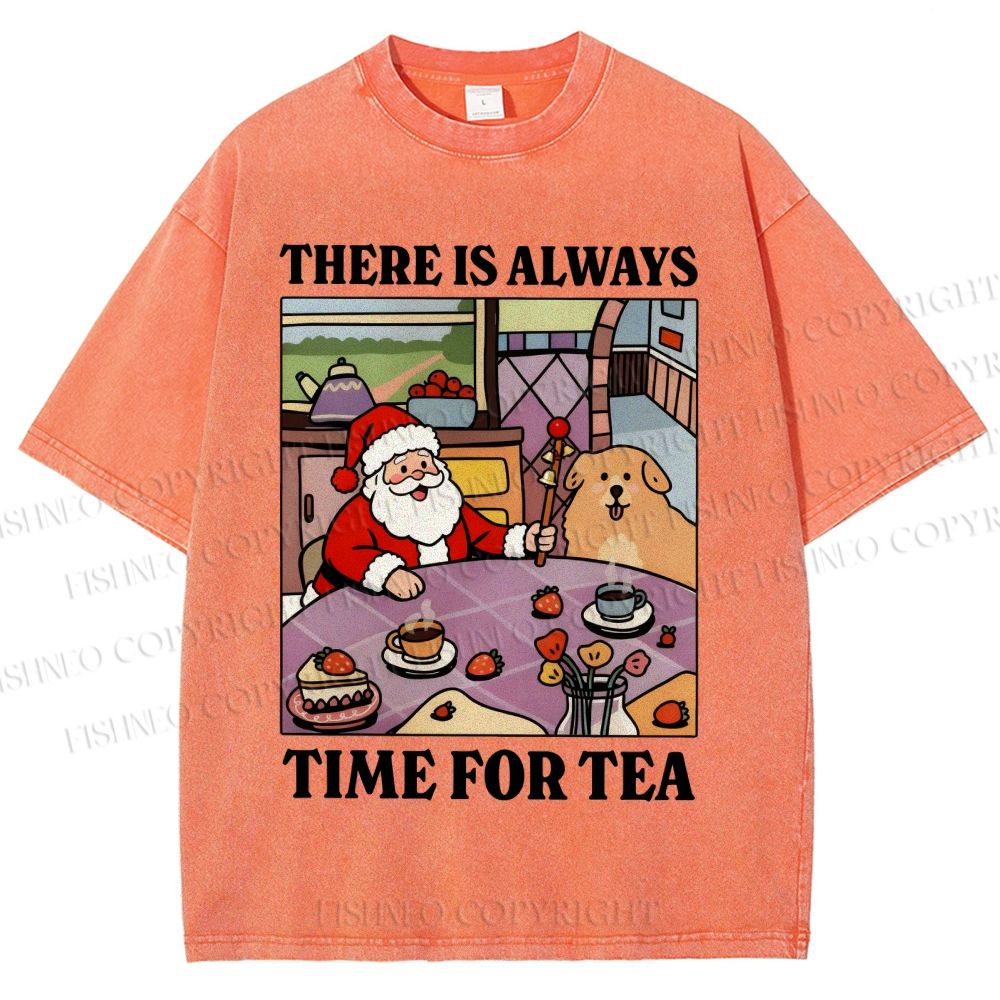 Unisex Tea Time Santa Claus And Dog Printed Washed Tee