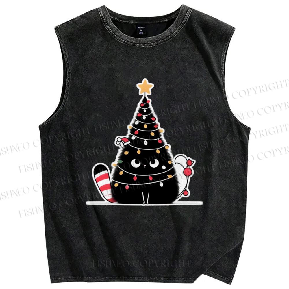 Unisex Black Cat String lights Printed Washed Tank Top