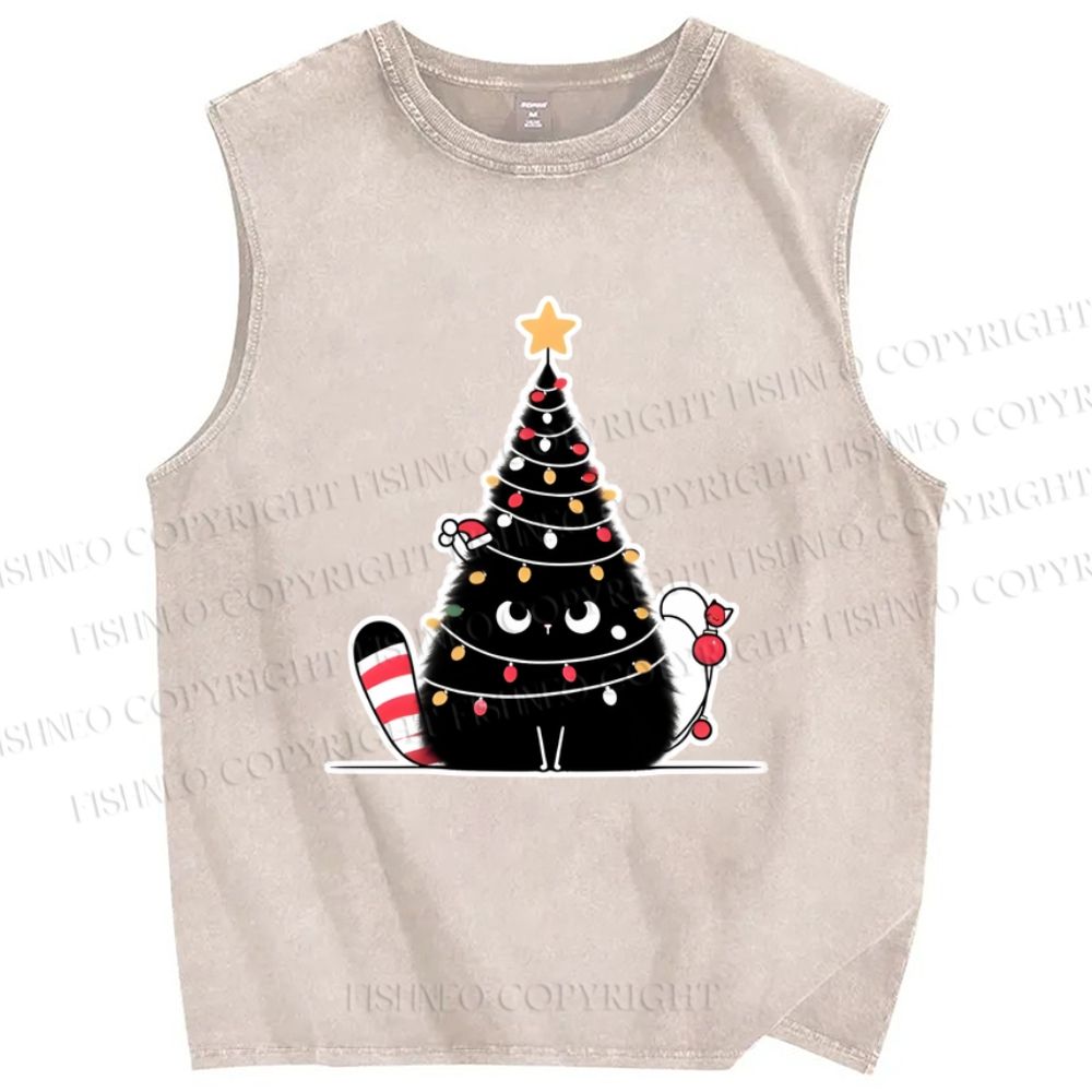 Unisex Black Cat String lights Printed Washed Tank Top