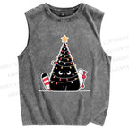 Unisex Black Cat String lights Printed Washed Tank Top