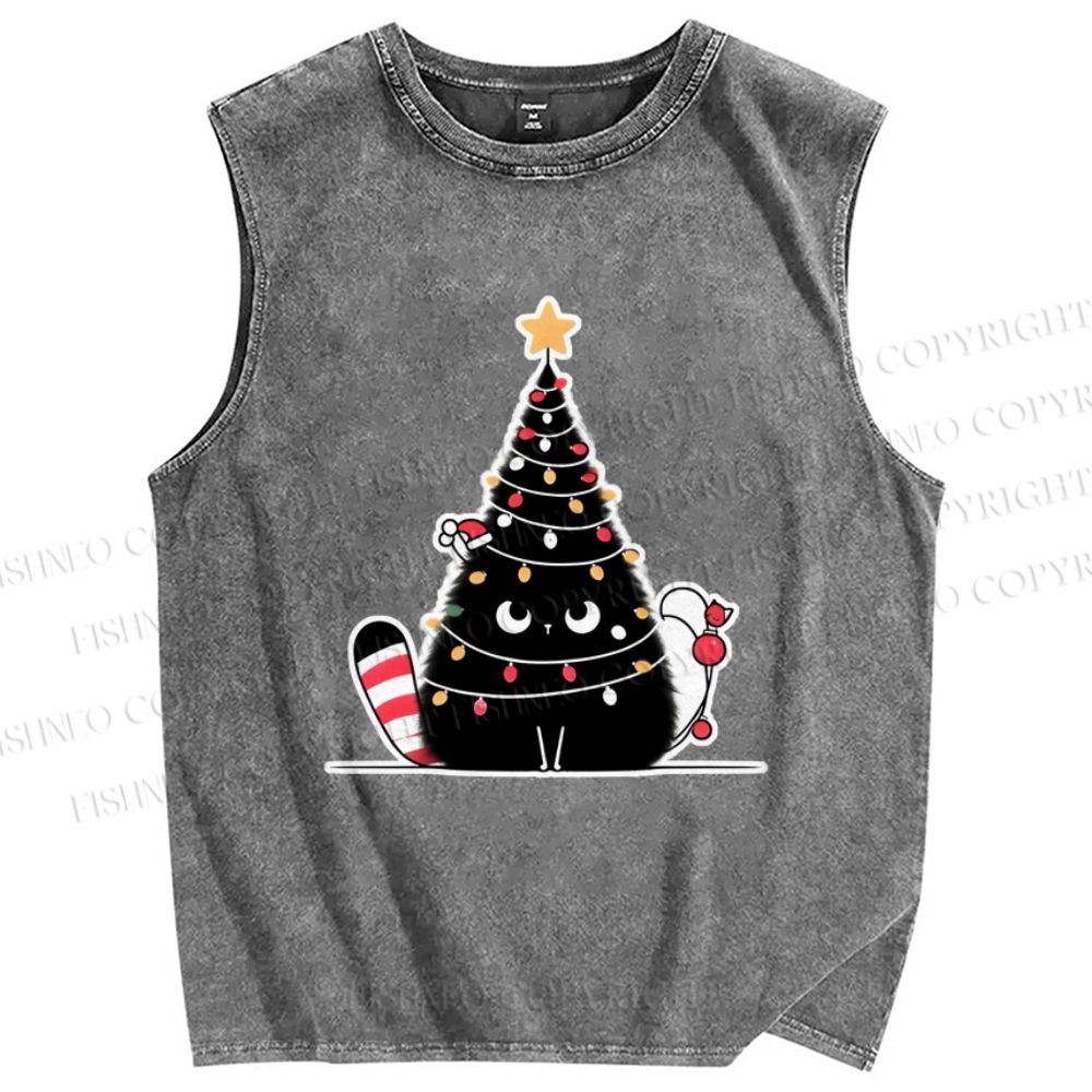 Unisex Black Cat String lights Printed Washed Tank Top