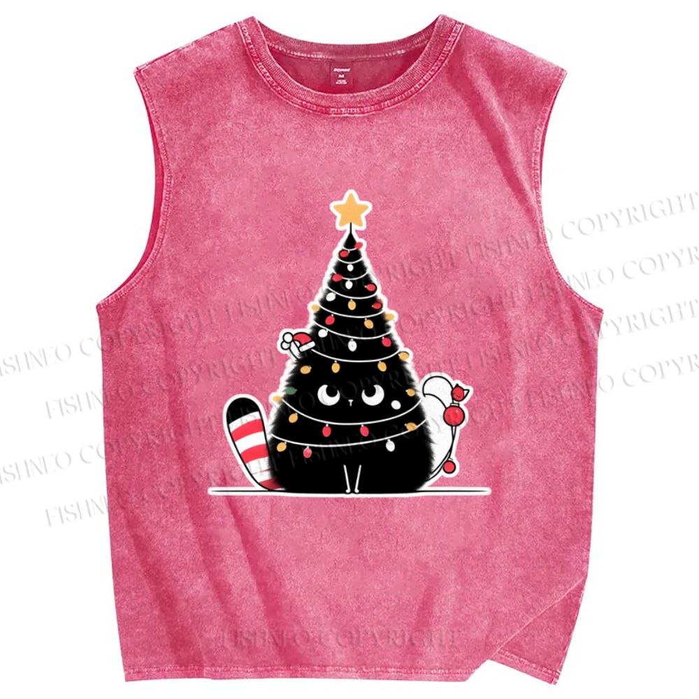 Unisex Black Cat String lights Printed Washed Tank Top