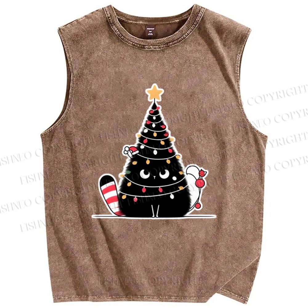 Unisex Black Cat String lights Printed Washed Tank Top