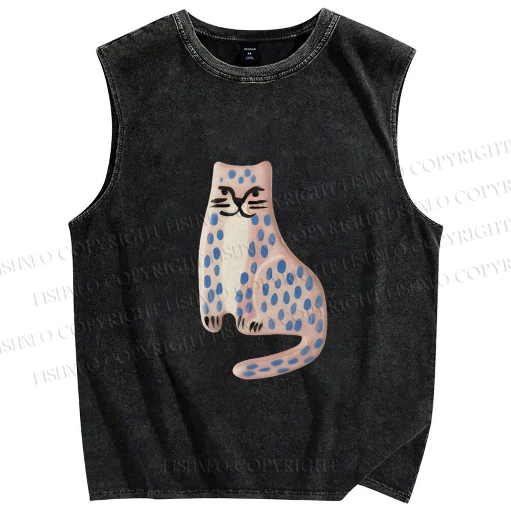 Unisex Funny Cat Leopard Printed Washed Tank Top