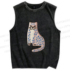 Unisex Funny Cat Leopard Printed Washed Tank Top
