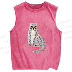 Unisex Funny Cat Leopard Printed Washed Tank Top