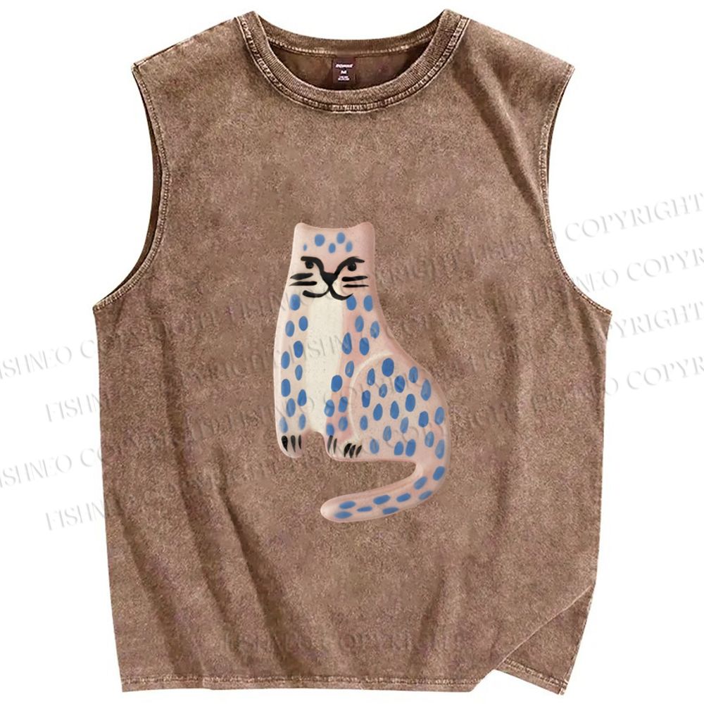 Unisex Funny Cat Leopard Printed Washed Tank Top