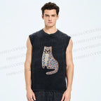 Unisex Funny Cat Leopard Printed Washed Tank Top