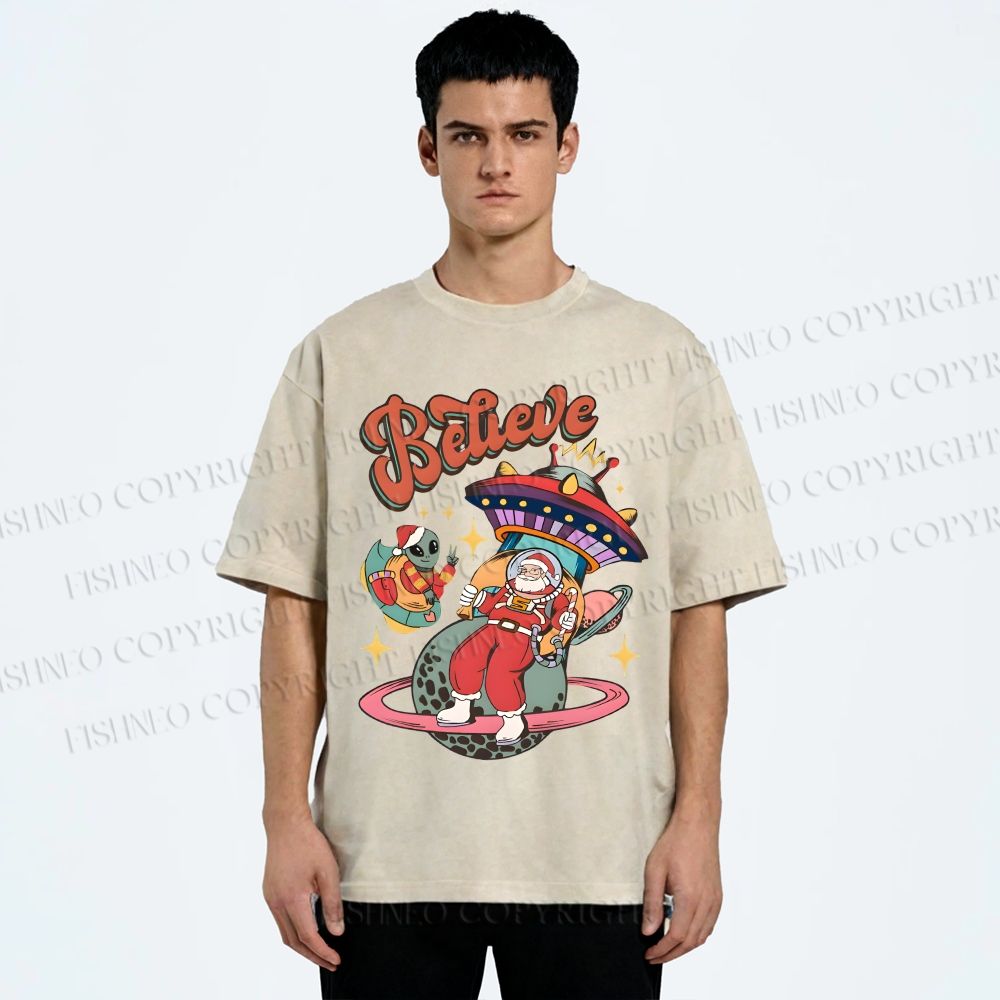 Unisex Christmas Santa With ET Printed Washed Tee