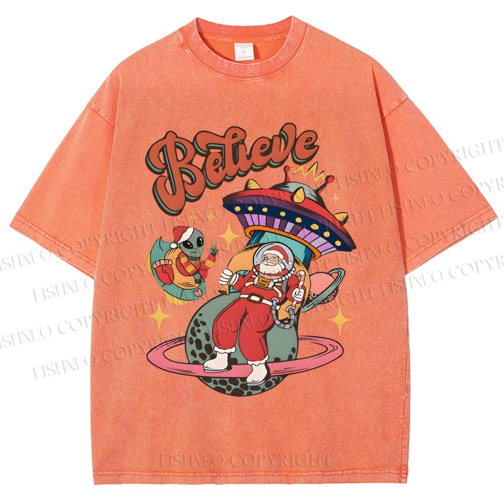 Unisex Christmas Santa With ET Printed Washed Tee