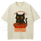 Unisex Black Cat Grab Some Spaghetti Printed Washed Tee