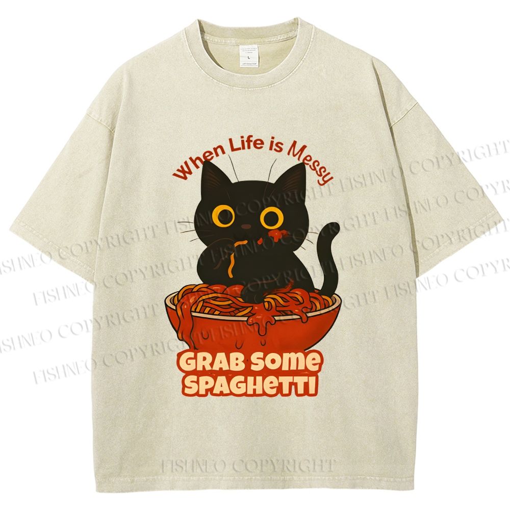 Unisex Black Cat Grab Some Spaghetti Printed Washed Tee