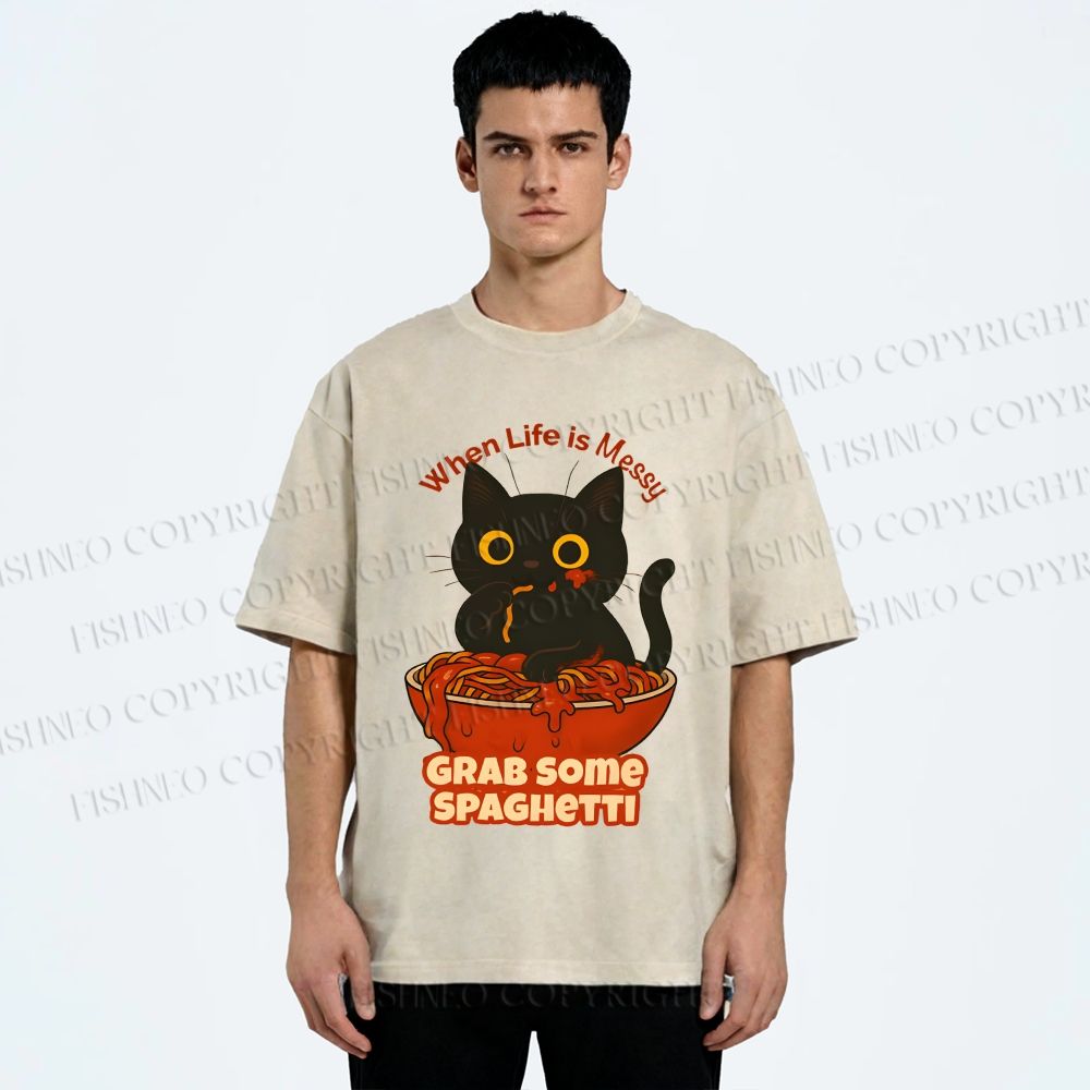 Unisex Black Cat Grab Some Spaghetti Printed Washed Tee