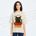 Unisex Black Cat Grab Some Spaghetti Printed Washed Tee