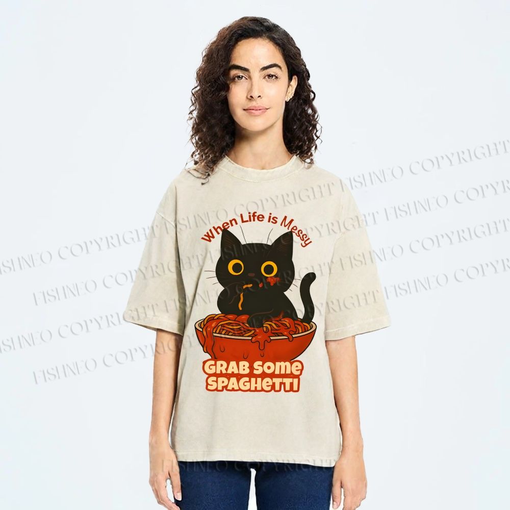 Unisex Black Cat Grab Some Spaghetti Printed Washed Tee