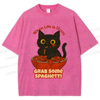 Unisex Black Cat Grab Some Spaghetti Printed Washed Tee