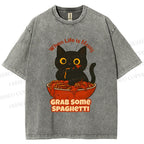 Unisex Black Cat Grab Some Spaghetti Printed Washed Tee