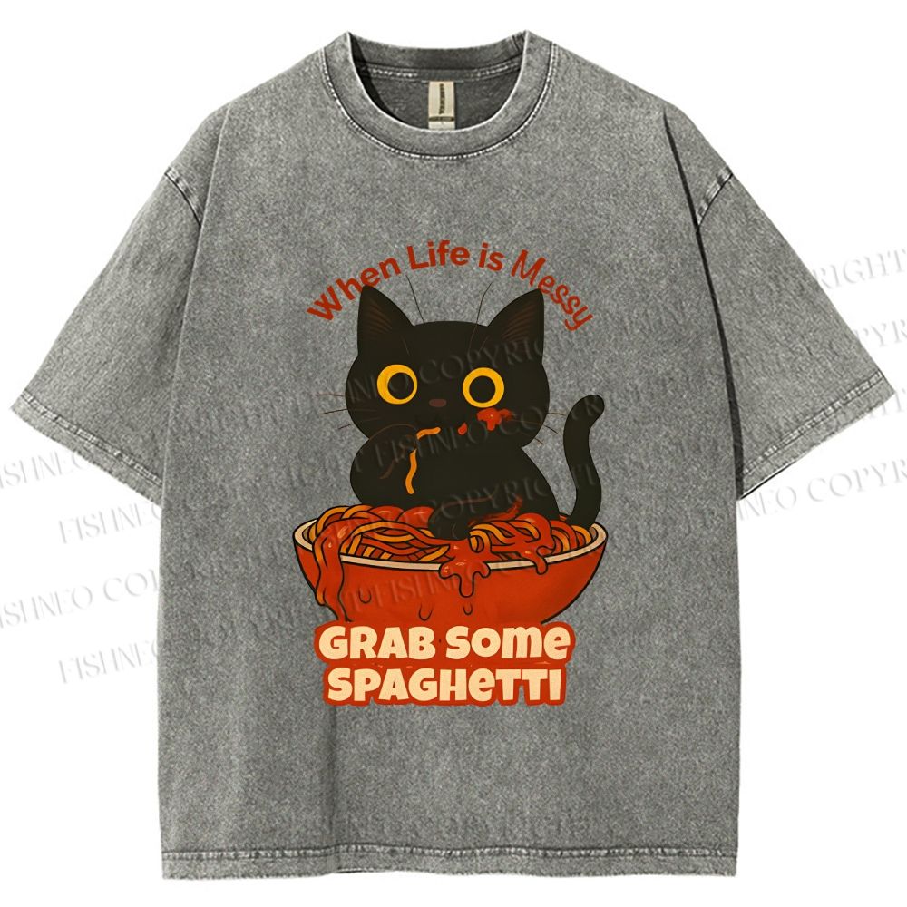 Unisex Black Cat Grab Some Spaghetti Printed Washed Tee