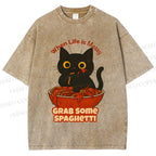 Unisex Black Cat Grab Some Spaghetti Printed Washed Tee