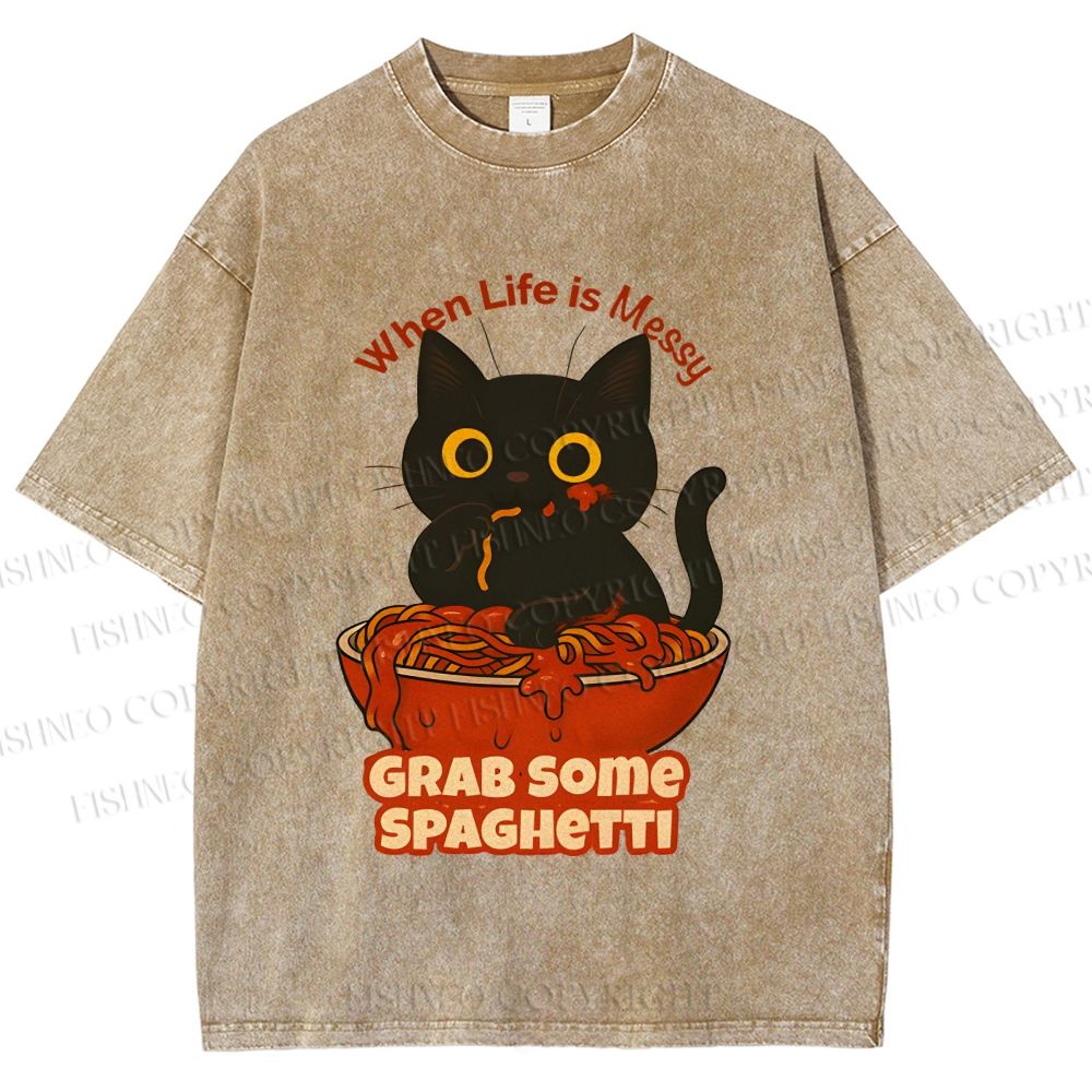 Unisex Black Cat Grab Some Spaghetti Printed Washed Tee