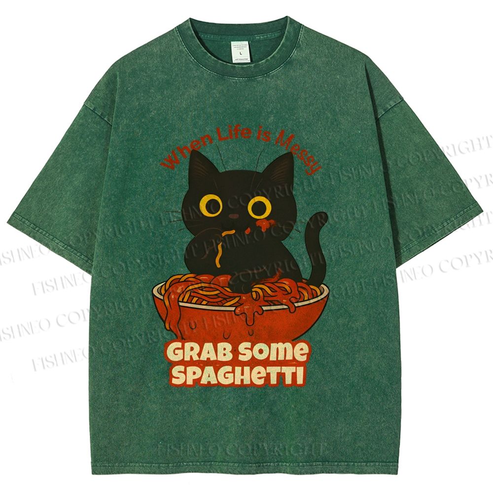 Unisex Black Cat Grab Some Spaghetti Printed Washed Tee