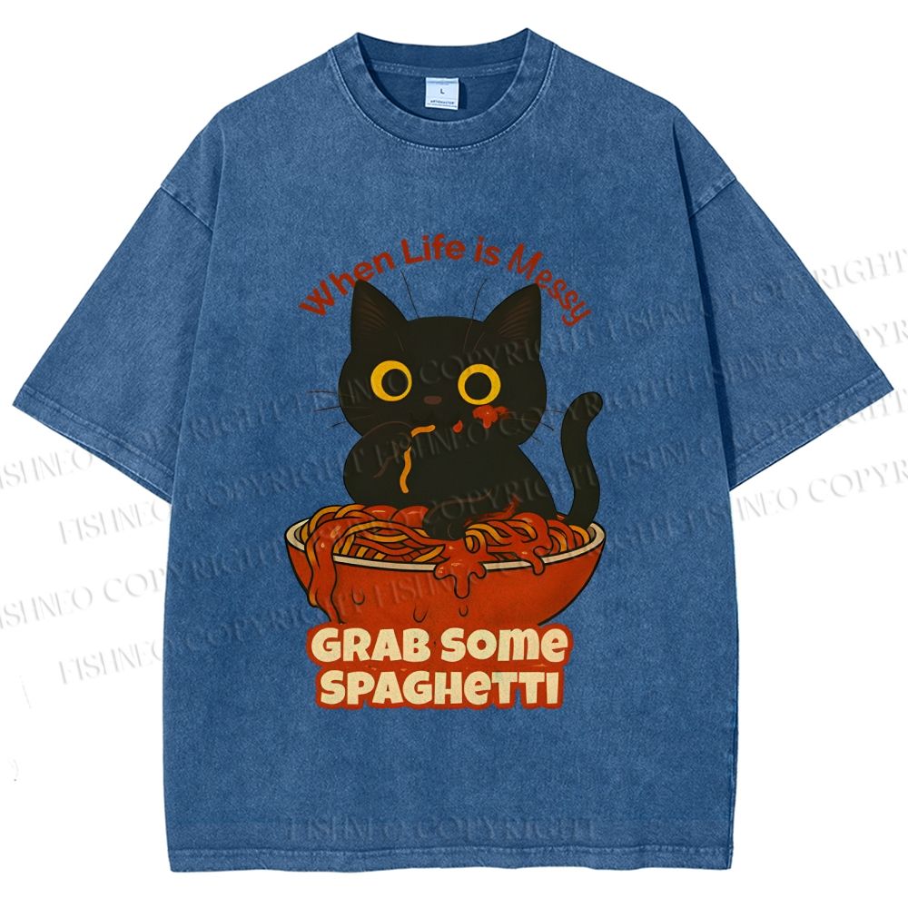 Unisex Black Cat Grab Some Spaghetti Printed Washed Tee