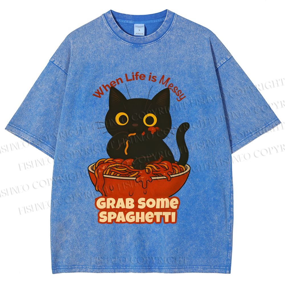 Unisex Black Cat Grab Some Spaghetti Printed Washed Tee