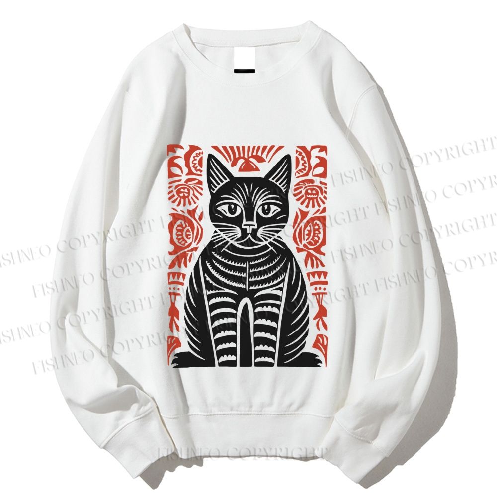 Unisex Vintage Black Cat Totem Printed Sweatshirt