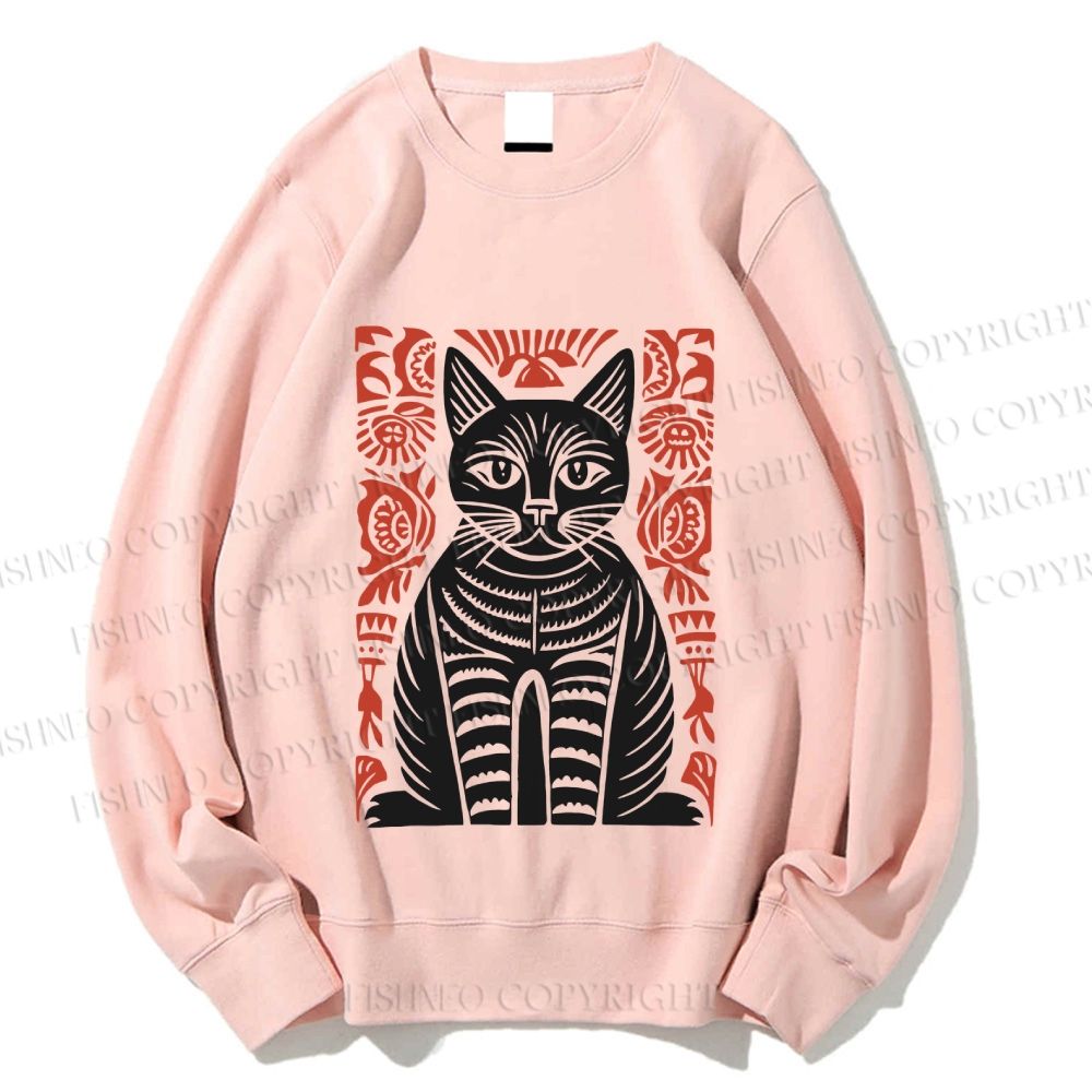 Unisex Vintage Black Cat Totem Printed Sweatshirt