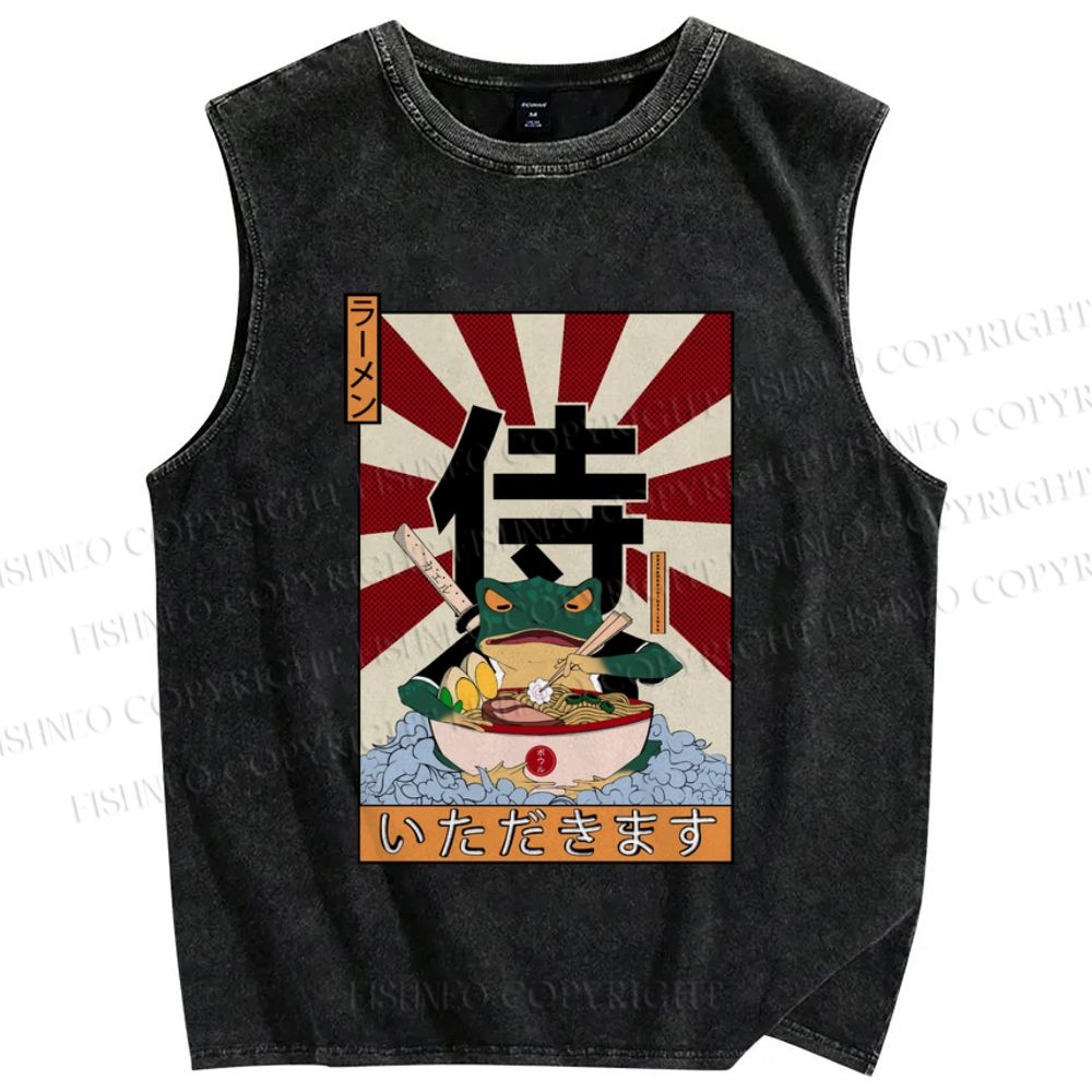 Unisex Frog Ramen Printed Washed Tank Top