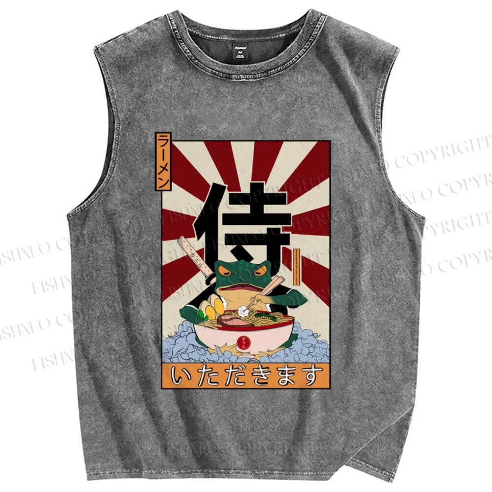 Unisex Frog Ramen Printed Washed Tank Top