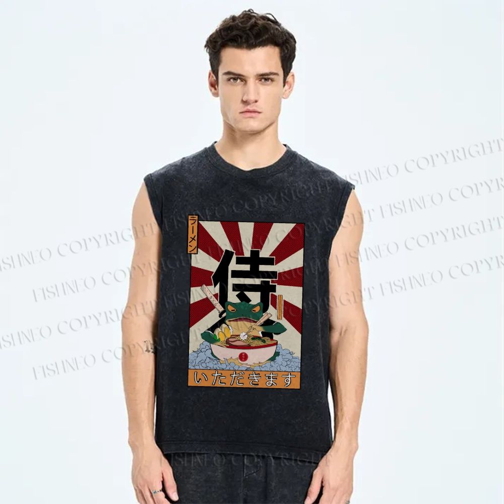Unisex Frog Ramen Printed Washed Tank Top