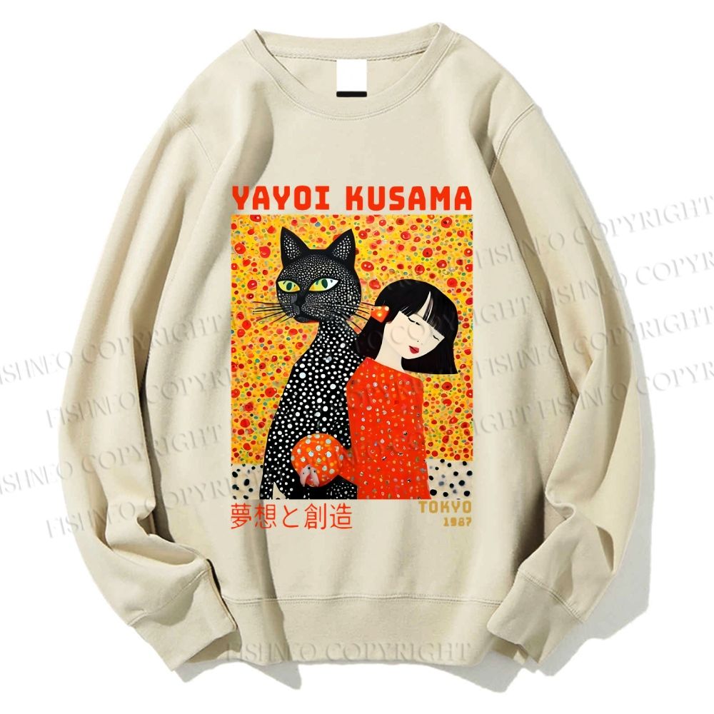 Unisex Yayoi Kusama Cat and Woman Printed Sweatshirt