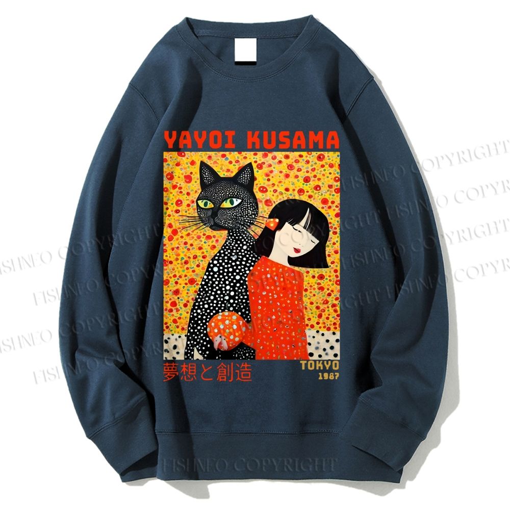 Unisex Yayoi Kusama Cat and Woman Printed Sweatshirt